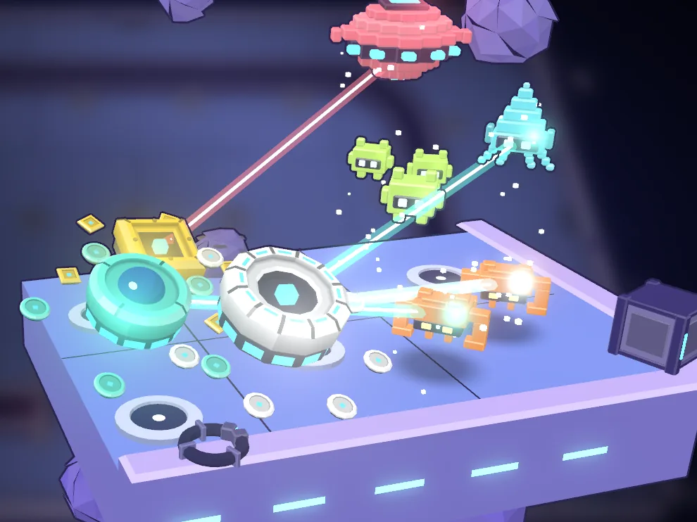 Fajor: pastel toy ships fire at voxel space invaders over a floating board